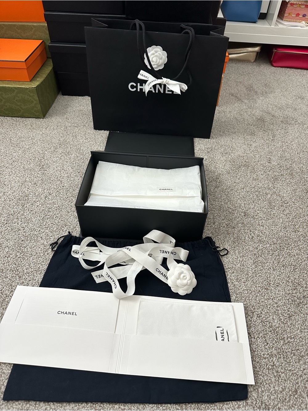 Chanel Gift Packaging Set with Ribbon and Camellia for small to medium bag